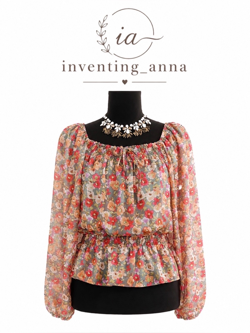 Floral Print Sheer Long Sleeved Blouse w/Pink and Orange Colors Elastic Waist